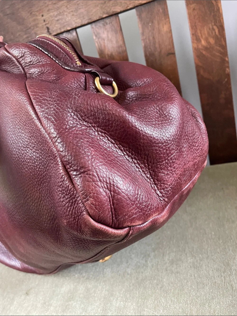 Marc by Marc Jacobs Burgundy Leather Pleated Satchel with Gold Hardware